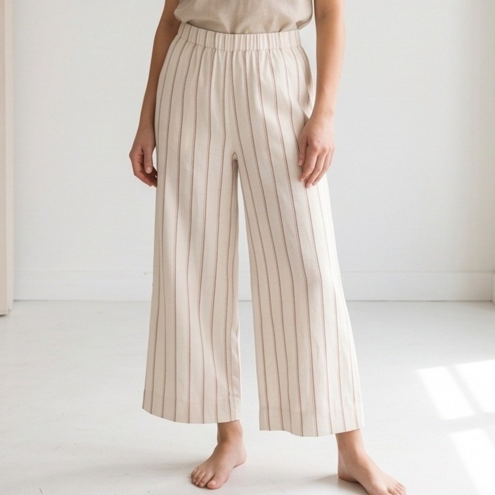 J. Jill S Linen Stretch Wide Leg Crop Striped Pants Beige Small Airy Flowy